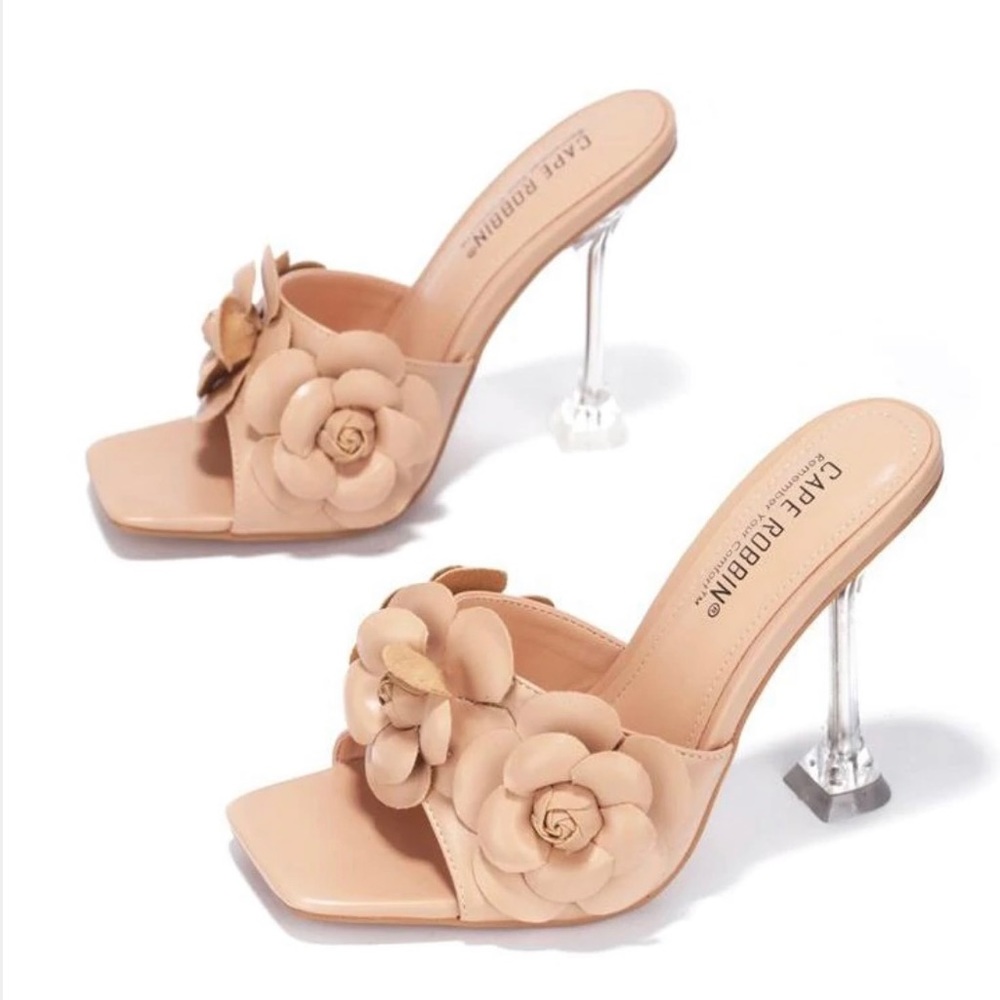New Nude Flower Clear Heels